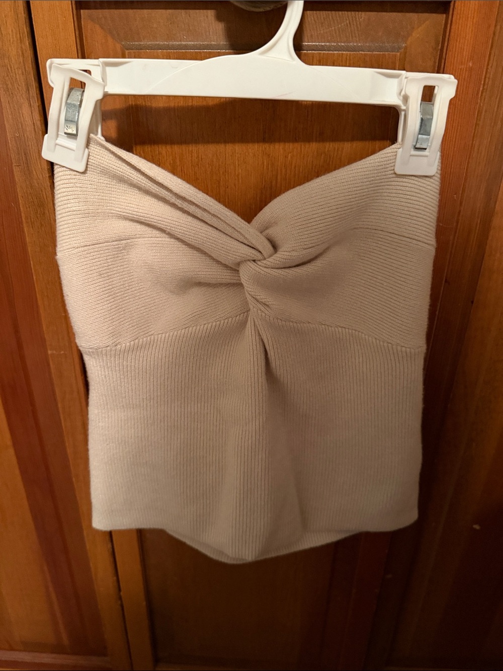 Twist Front Off-the-Shoulder Sweater in Beige